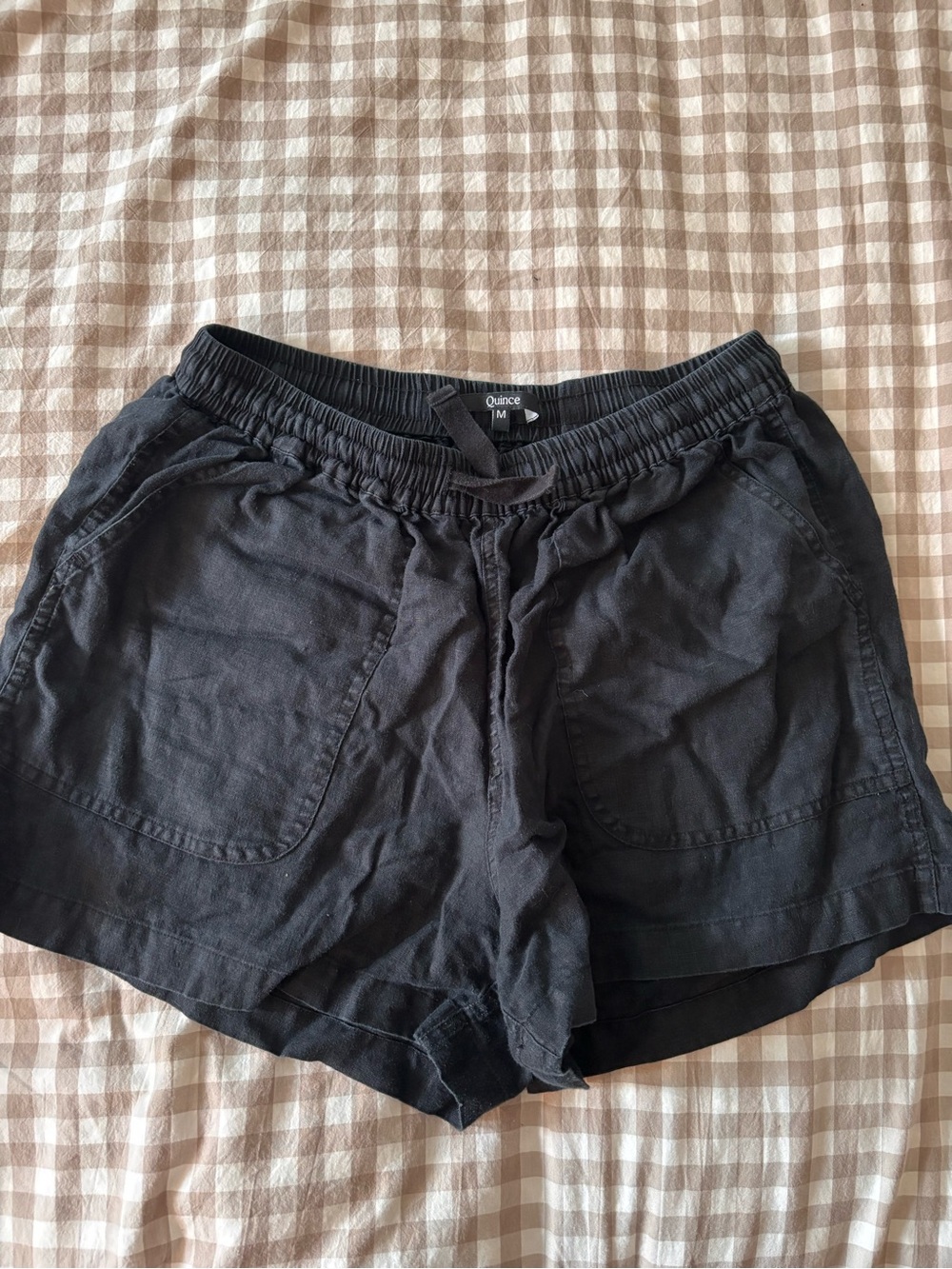 Quince Black Elastic Waist Linen-Blend Athletic Shorts